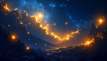 Night mountain landscape with luminous glow