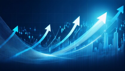 abstract financial graph with uptrend line and arrows in stock market on blue color background