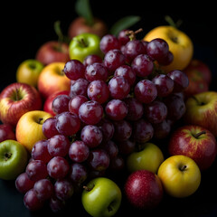 Abundant harvest of fresh red grapes and assorted apples in a dark still life