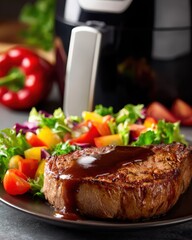 Steak with Gravy and Salad on a Plate with Air Fryer Background