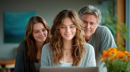 Saving for College - Parents and a teenager looking at a laptop displaying a 529 plan, hopeful expressions, cozy living room setting