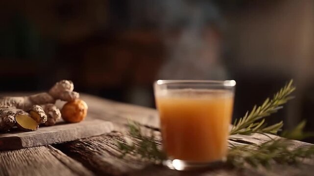 Small glass of hot orange beverage steaming on a rustic wooden table, garnished with rosemary, with ginger and garlic in the background.