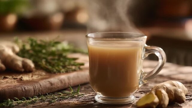 Steaming glass mug of ginger tea on a rustic wooden table, with fresh ginger and thyme nearby.