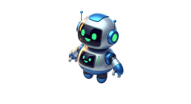 A cute, blue and green robot with a happy face, standing on a white background.