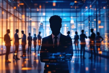Silhouetted business leader standing in front of a corporate team in a high-tech office with futuristic lighting and data overlay concept background. Ai generative