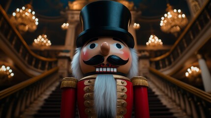 Fototapeta premium Nutcracker Figure Standing in Opulent Hallway with Chandeliers and Elegant Stairs