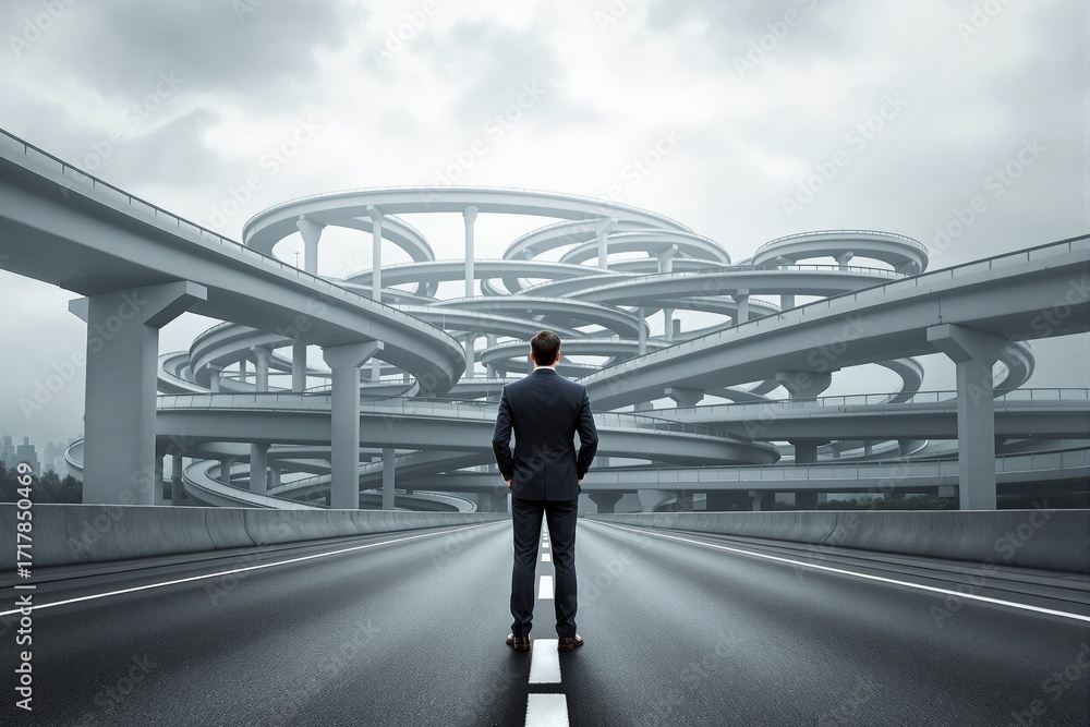 Poster businessman facing complex highway interchange symbolizing decision-making and strategic planning un