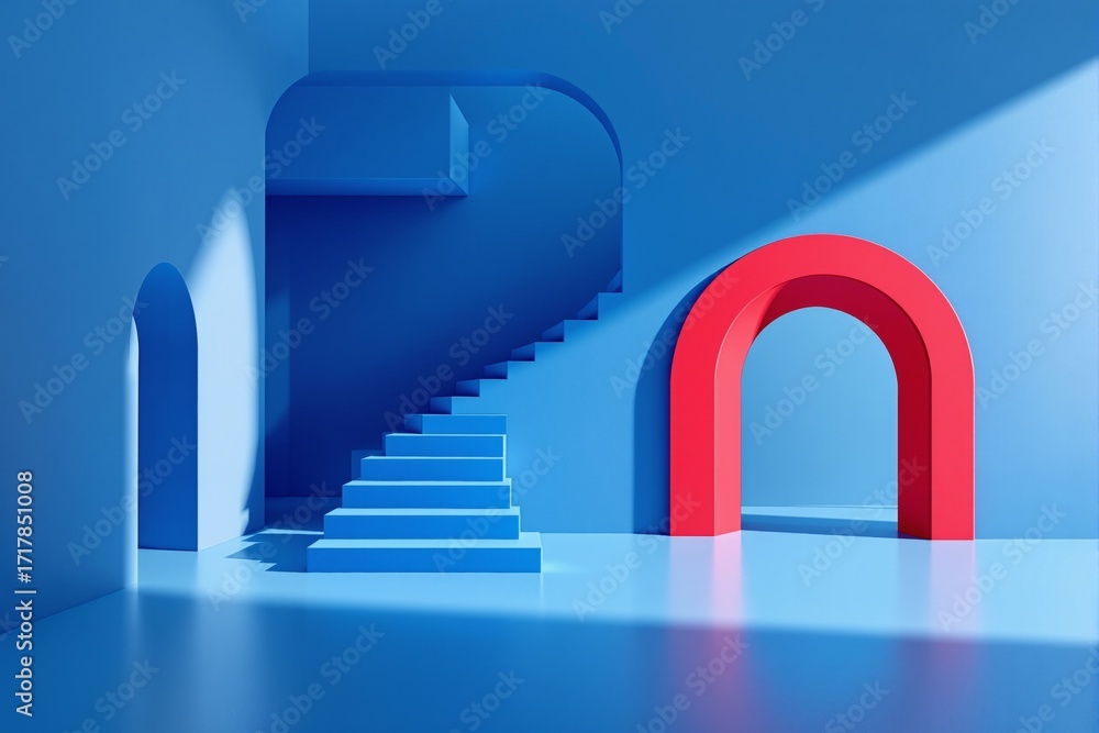 Poster abstract minimal architecture scene with blue stairs and red arch on clean blue background symbolizi