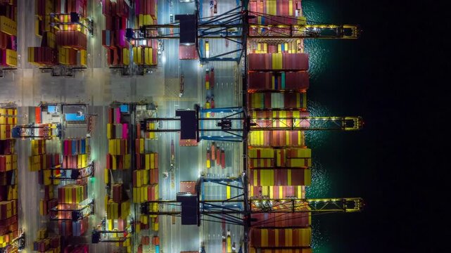 Aerial top view hyperlapse container cargo ship international port terminal with gantry crane at night, industrial cargo container port loading and unloading, Global business logistic import export.