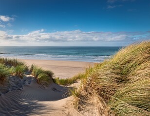 tranquil sandy beach with grass dunes overlooking the calm ocean