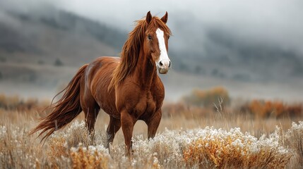 Obraz premium Majestic brown horse standing in a grassy field during a foggy morning in the countryside