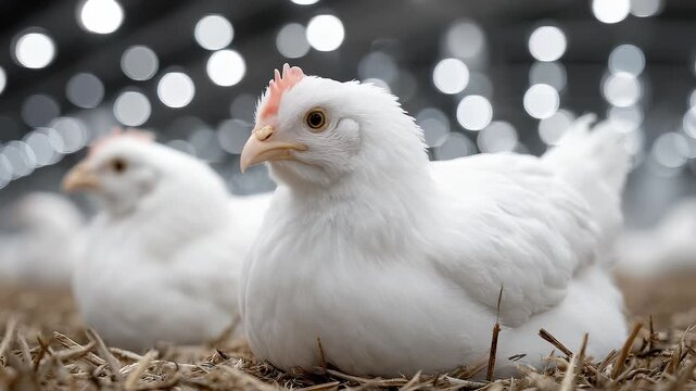 Close-up of White Broiler Chickens in Poultry Farm