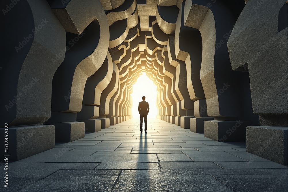 Poster businessman walking through corridor of giant question marks toward light symbolizing decision-makin