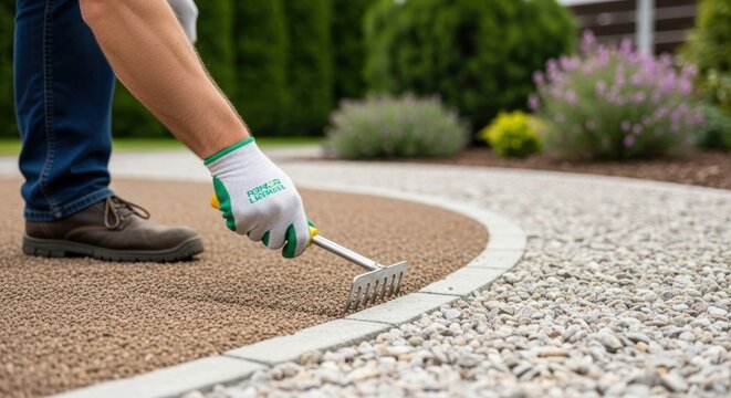 Man raking pebbles in garden pathway with focus on gardening glove and tool