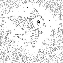 Fototapeta premium Cute baby dragon coloring page. Adorable cartoon fantasy illustration. A happy baby dragon with small wings flying in a lush forest with flowers. Fun printable sheet for kids.
