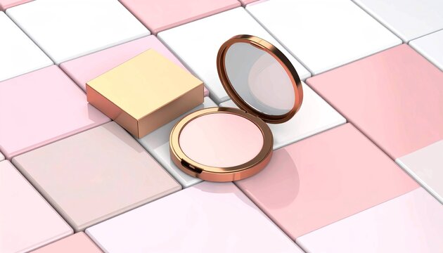 Elegant mockup of a gold compact powder with a mirror on a clean geometric surface, perfect for cosmetic product presentations, beauty branding, and skincare packaging design