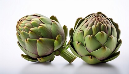 Obraz premium Two Fresh Artichokes Resting On White Background