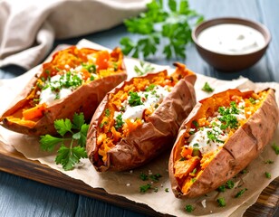 Roasted sweet potatoes topped with yogurt
