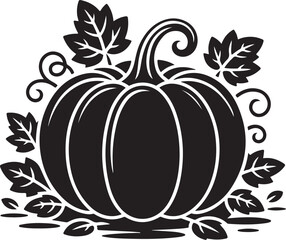Elegant black pumpkin with autumn leaves graphic
