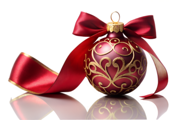 Elegant Red and Gold Christmas Ornament with Ribbon on Transparent Background red gold ornament ribbon bow