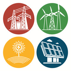 Set of four circular icons representing renewable energy sources and traditional power generation