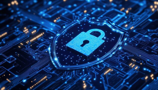 Cybersecurity Concept: Shield With Padlock On Circuit Board And Network Wireframe With Binary Code Over Blue Abstract Background - Powered by Adobe