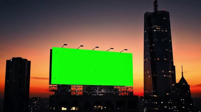 A giant billboard with a green screen on the roof of a skyscraper, against a beautiful sunset background with the silhouette of city buildings, the camera slowly zoom