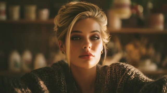 A young blonde woman in a chunky sweater sits in a warmly lit room, looking downward, with blurred shelves in the background.