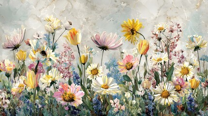 A vibrant and dreamy watercolor painting of a diverse meadow filled with blooming wildflowers in soft pastel colors and a textured background