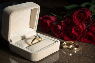Sparkling Promise: An engagement ring gleams within its velvet case, beside a passionate bouquet of red roses, celebrating love and commitment.