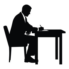 Silhouette of a businessman writing at a desk in a formal setting silhouette