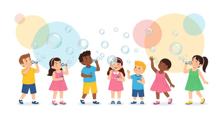 Fototapeta premium Cheerful Children Blowing Bubbles with joy and happiness during a sunny summer day