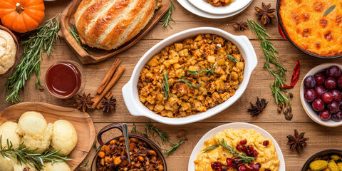 vibrant spread of delicious food featuring bread, stuffing, gourmet dishes, and seasonal ingredients, perfect for a festive gathering.