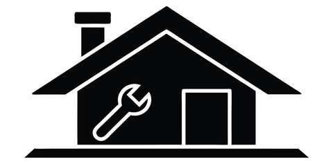 Black silhouette of a house with a wrench symbol inside representing home repair