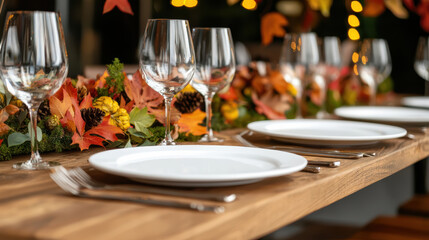 beautifully set dining table adorned with autumn leaves and elegant glassware, perfect for a seasonal gathering or festive celebration.