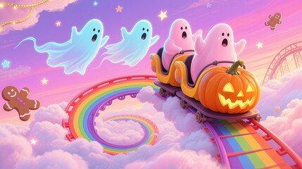 Obraz premium Ghosts and Pumpkin on Rainbow Roller Coaster in Sky
