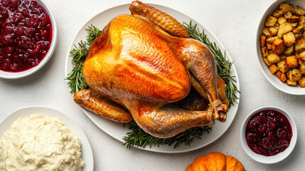 beautifully roasted turkey surrounded by cranberry sauce, stuffing, mashed potatoes, and a small pumpkin, creating a festive meal setting.