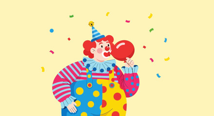 Naklejka premium Cheerful Clown Blowing Up Balloon with Confetti In Yellow Background Celebration