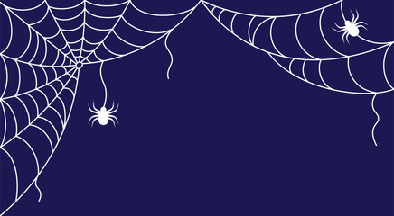 Halloween banner with web and spiders in doodle line style on dark background. Scary theme for frame, border, poster, party decoration etc. Outline drawing. Hand drawn vector illustration.