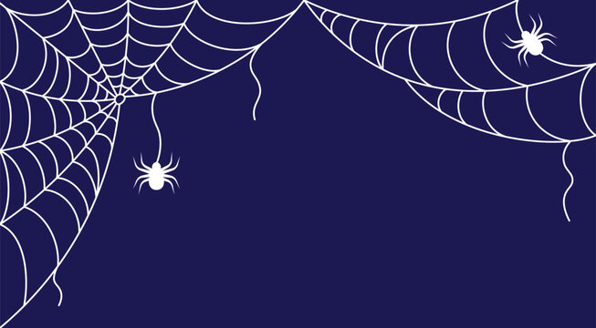 Halloween banner with web and spiders in doodle line style on dark background. Scary theme for frame, border, poster, party decoration etc. Outline drawing. Hand drawn vector illustration.