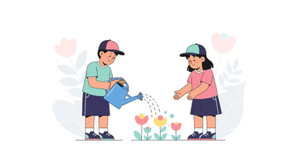 Fototapeta premium Caring Children Watering Plants: Illustrative Harmony of Growth and Nurturing Effortlessly