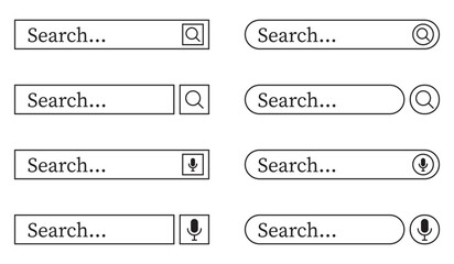 collection of modern search bar line icon set. Various shape search bar boxes icon. Simple UI element for website. Shapes with magnifying glass icon design. Vector illustration. 