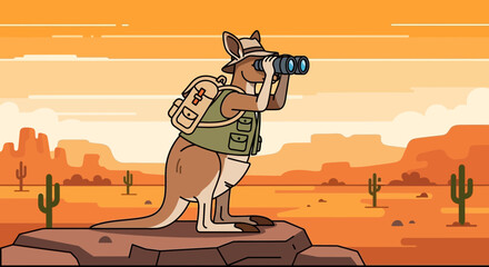 Cartoon Kangaroo Explorer Gazing Through Binoculars In The Desert Landscape Setting