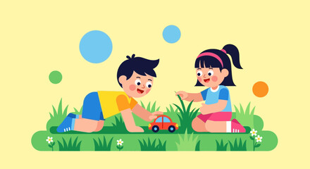 Fototapeta premium Cheerful Kids Playing With A Toy Car On The Meadow, A Simple Illustration