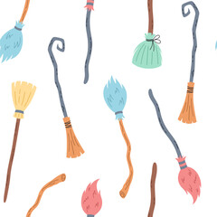 Seamless pattern with cute witch flying brooms on white background. Halloween, magic or cleaning theme. Wallpaper with old style besom with different broomstick. Vector illustration.