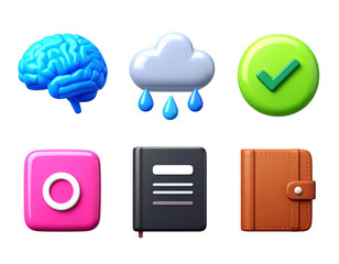 Glossy 3D render of mental health symbols brain self-care growth and wellness icons isolated on transparent background PNG