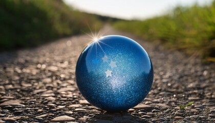 small blue starry sphere on gravel path nature scene