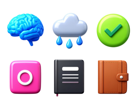  Glossy 3D render of mental health symbols brain self-care growth and wellness icons isolated on transparent background PNG