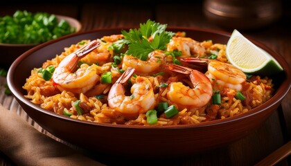 delicious shrimp jambalaya with green onions and herbs in a brown bowl