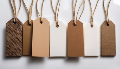 textured blank price tags with string on white background displayed in an organized pattern